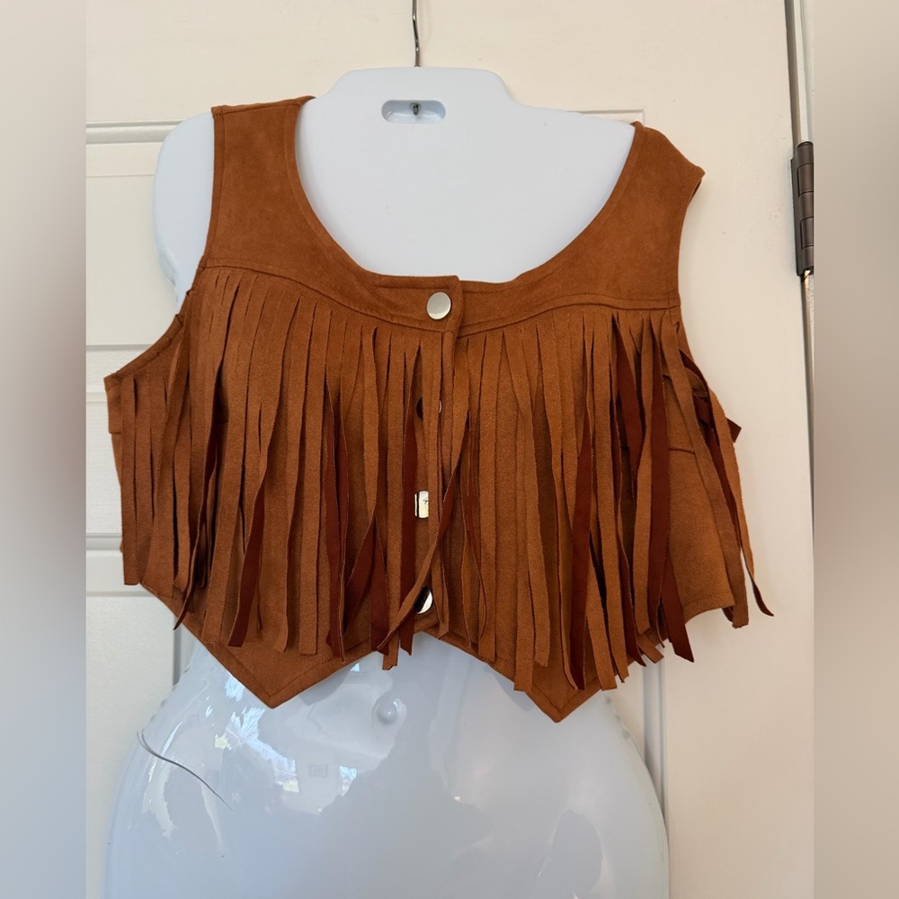 Rust Faux Suede Fringe Crop Vest Western Boho Size M